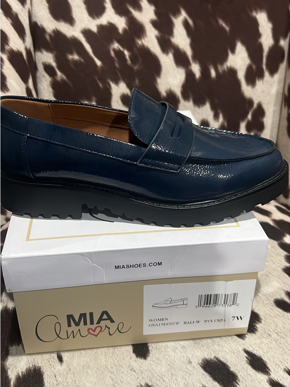Mi Amore Patent Navy Penny Loafer with Lug Sole